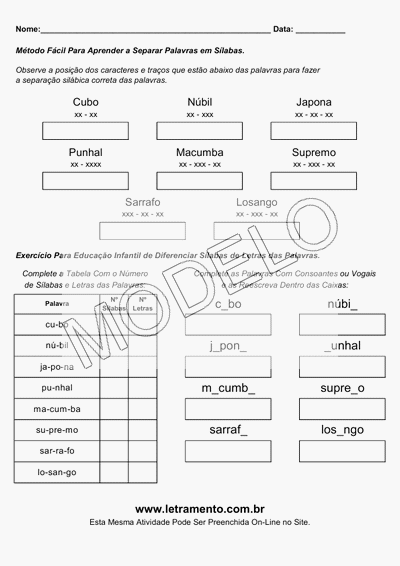 Atividade Para Imprimir Separar Sílabas Palavras Cubo, Núbil, Japona, Punhal, Macumba, Supremo, Sarrafo, Losango