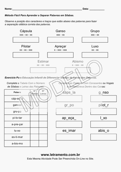 Atividade Para Imprimir Separar Sílabas Palavras Cápsula, Ganso, Grupo, Pilotar, Apreçar, Luxo, Estimar, Abismo