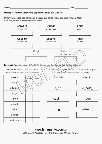 Atividade Para Imprimir Separar Sílabas Palavras Chaveta, Efusão, Forja, Copeiro, Sucinto, Idos, Erigir, Patusco