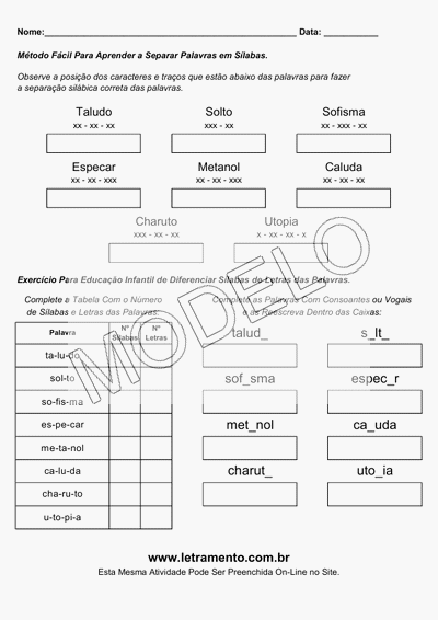 Atividade Para Imprimir Separar Sílabas Palavras Taludo, Solto, Sofisma, Especar, Metanol, Caluda, Charuto, Utopia