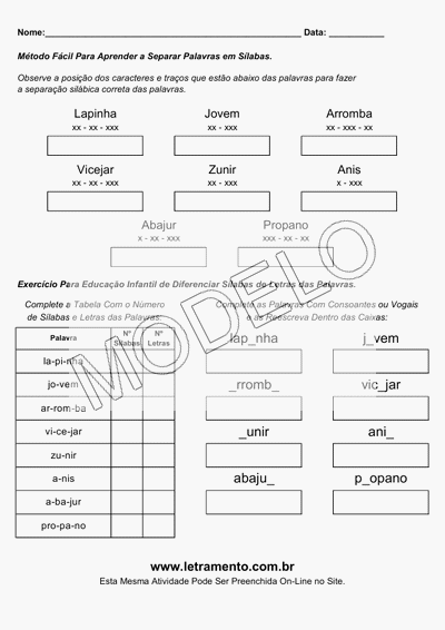 Atividade Para Imprimir Separar Sílabas Palavras Lapinha, Jovem, Arromba, Vicejar, Zunir, Anis, Abajur, Propano