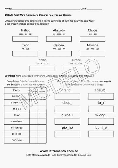 Atividade Para Imprimir Separar Sílabas Palavras Tráfico, Absurdo, Chope, Teor, Cardeal, Milonga, Piolho, Burrice