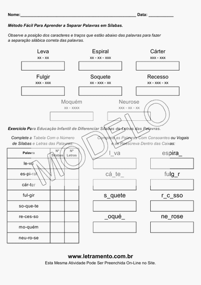 Atividade Para Imprimir Separar Sílabas Palavras Leva, Espiral, Cárter, Fulgir, Soquete, Recesso, Moquém, Neurose