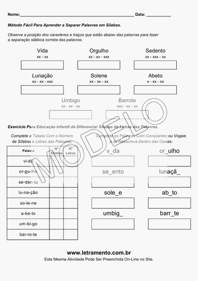 Atividade Para Imprimir Separar Sílabas Palavras Vida, Orgulho, Sedento, Lunação, Solene, Abeto, Umbigo, Barrote