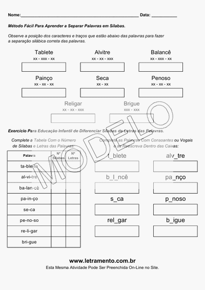 Atividade Para Imprimir Separar Sílabas Palavras Tablete, Alvitre, Balancê, Painço, Seca, Penoso, Religar, Brigue