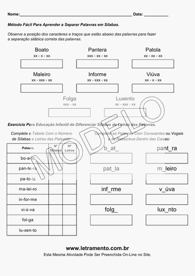 Atividade Para Imprimir Separar Sílabas Palavras Boato, Pantera, Patola, Maleiro, Informe, Viúva, Folga, Luxento