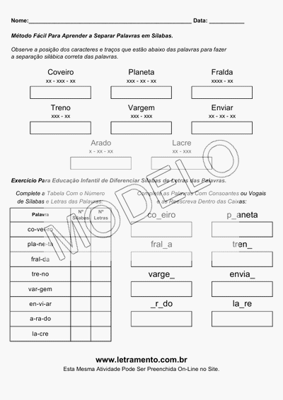 Atividade Para Imprimir Separar Sílabas Palavras Coveiro, Planeta, Fralda, Treno, Vargem, Enviar, Arado, Lacre