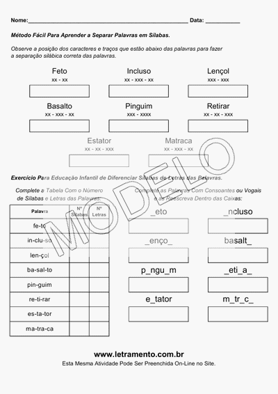 Atividade Para Imprimir Separar Sílabas Palavras Feto, Incluso, Lençol, Basalto, Pinguim, Retirar, Estator, Matraca