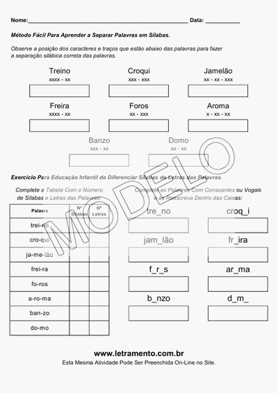 Atividade Para Imprimir Separar Sílabas Palavras Treino, Croqui, Jamelão, Freira, Foros, Aroma, Banzo, Domo