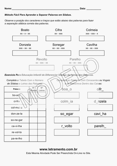 Atividade Para Imprimir Separar Sílabas Palavras Boato, Cifra, Colmeia, Donzela, Sonegar, Cavilha, Revolto, Parelho