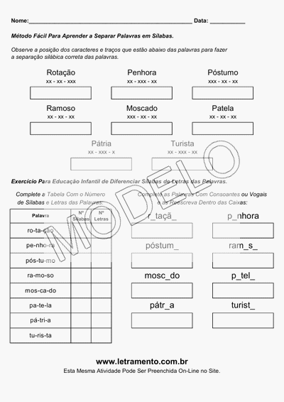 Atividade Para Imprimir Separar Sílabas Palavras Rotação, Penhora, Póstumo, Ramoso, Moscado, Patela, Pátria, Turista