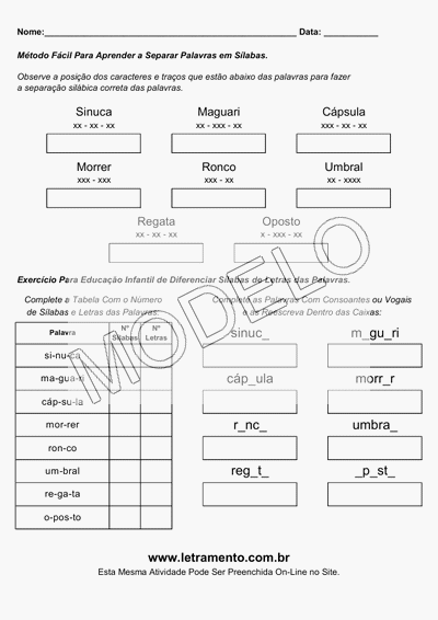 Atividade Para Imprimir Separar Sílabas Palavras Sinuca, Maguari, Cápsula, Morrer, Ronco, Umbral, Regata, Oposto