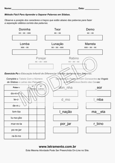 Atividade Para Imprimir Separar Sílabas Palavras Doninha, Teor, Demo, Lomba, Lunação, Marreta, Porejar, Rabino