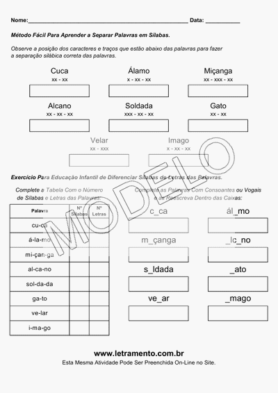 Atividade Para Imprimir Separar Sílabas Palavras Cuca, Álamo, Miçanga, Alcano, Soldada, Gato, Velar, Imago