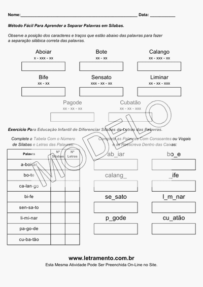 Atividade Para Imprimir Separar Sílabas Palavras Aboiar, Bote, Calango, Bife, Sensato, Liminar, Pagode, Cubatão