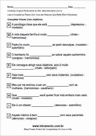 Atividade Para Imprimir de Completar Frases Com Adjetivos