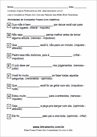 Atividade Para Imprimir de Completar Frases Com Adjetivos