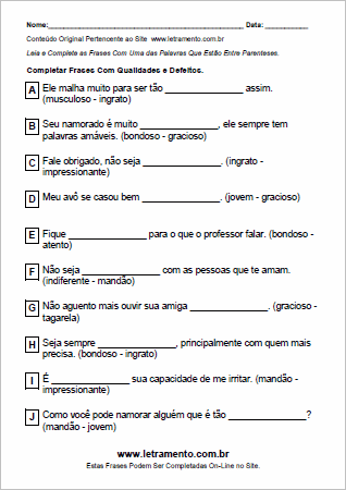 Atividade Para Imprimir de Completar Frases Com Adjetivos