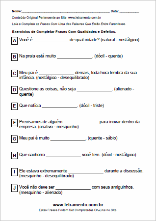 Atividade Para Imprimir de Completar Frases Com Adjetivos