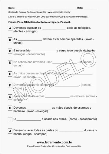 Atividade Para Imprimir Com Frases Sobre a Higiene Pessoal