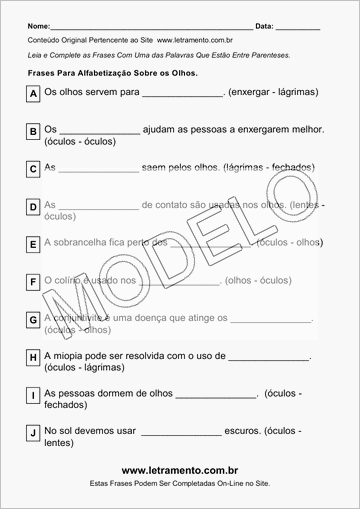 Atividade Para Imprimir Com Frases Sobre os Olhos
