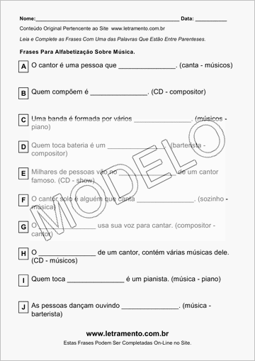 Atividade Para Imprimir Com Frases Sobre Música