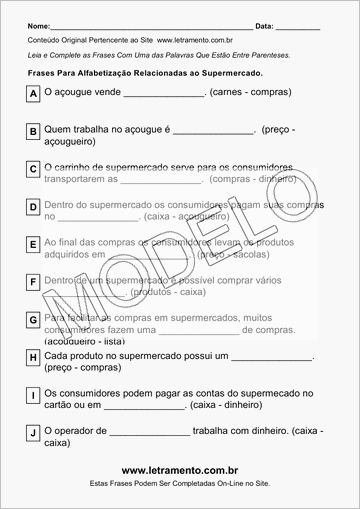 Atividade Para Imprimir Com Frases Relacionadas ao Supermercado