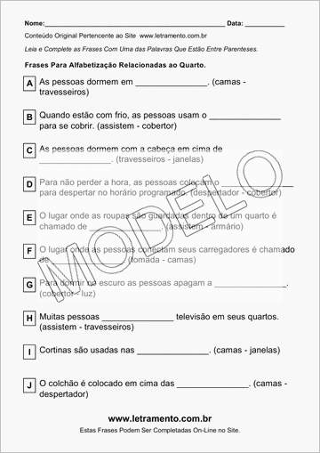 Atividade Para Imprimir Com Frases Relacionadas ao Quarto