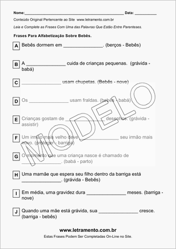 Atividade Para Imprimir Com Frases Sobre Bebês