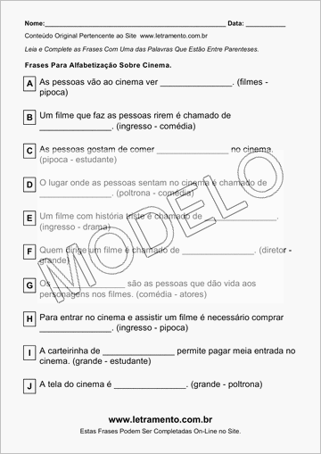 Atividade Para Imprimir Com Frases Sobre Cinema