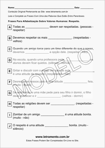 Atividade Para Imprimir Com Frases Sobre Valores Humanos: Respeito