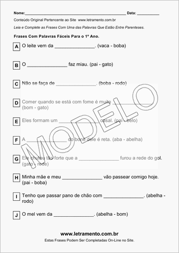 Atividade Para Imprimir Com Frases de Palavras Fáceis Para o 1º Ano