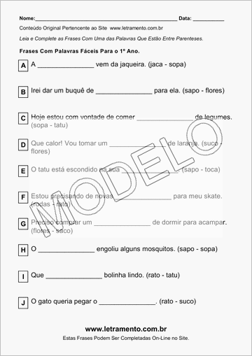 Atividade Para Imprimir Com Frases de Palavras Fáceis Para o 1º Ano