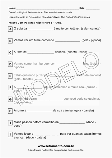 Atividade Para Imprimir Com Frases de Palavras Fáceis Para o 1º Ano
