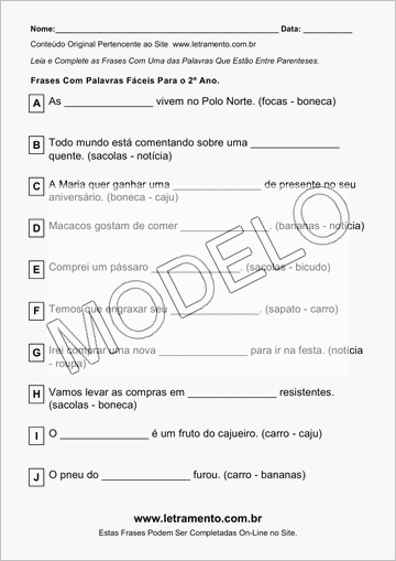 Atividade Para Imprimir Com Frases de Palavras Fáceis Para o 2º Ano