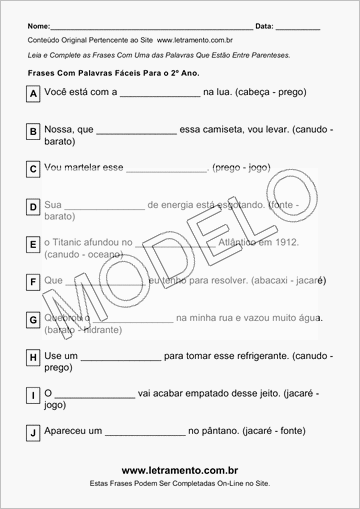 Atividade Para Imprimir Com Frases de Palavras Fáceis Para o 2º Ano