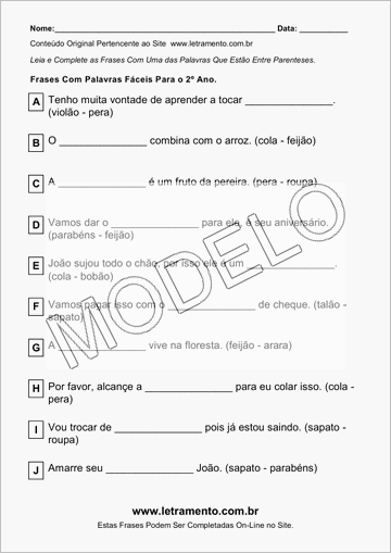 Atividade Para Imprimir Com Frases de Palavras Fáceis Para o 2º Ano