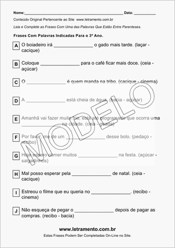 Atividade Para Imprimir Com Frases de Palavras Indicadas Para o 3º Ano