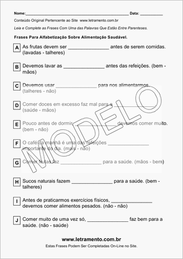 Atividade Para Imprimir Com Frases Sobre Alimentação Saudável