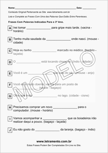 Atividade Com Frases de Palavras Indicadas Para o 3º Ano Atividade Para Imprimir Com Frases de Palavras Indicadas Para o 3º Ano