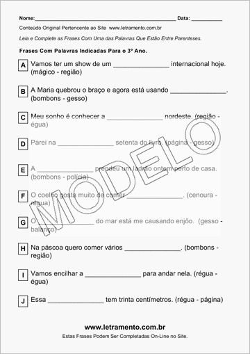 Atividade Para Imprimir Com Frases de Palavras Indicadas Para o 3º Ano