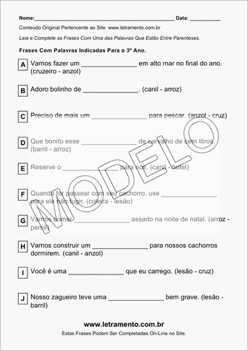 Atividade Para Imprimir Com Frases de Palavras Indicadas Para o 3º Ano