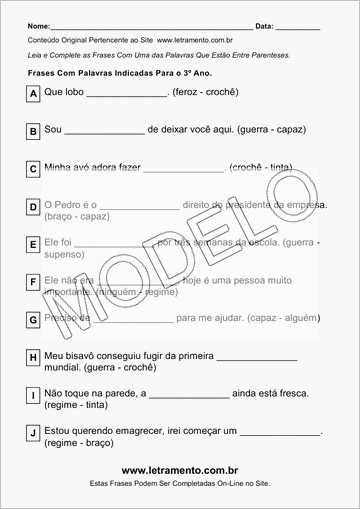 Atividade Para Imprimir Com Frases de Palavras Indicadas Para o 3º Ano