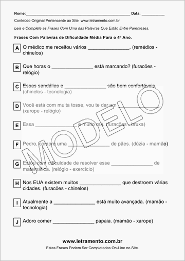 Atividade Para Imprimir Com Frases de Palavras de Dificuldade Média Para o 4º Ano