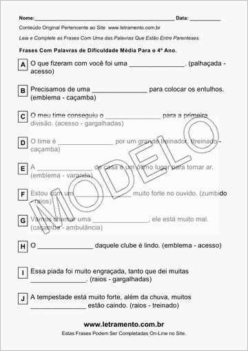 Atividade Para Imprimir Com Frases de Palavras de Dificuldade Média Para o 4º Ano