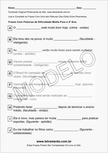 Atividade Para Imprimir Com Frases de Palavras de Dificuldade Média Para o 4º Ano