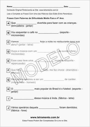 Atividade Para Imprimir Com Frases de Palavras de Dificuldade Média Para o 4º Ano