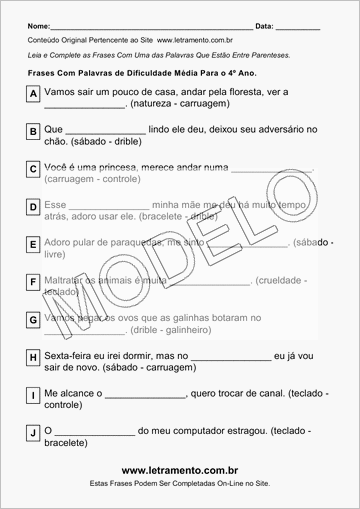 Atividade Para Imprimir Com Frases de Palavras de Dificuldade Média Para o 4º Ano