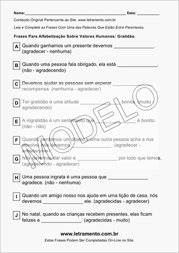 Atividade Para Imprimir Com Frases Sobre Valores Humanos: Gratidão