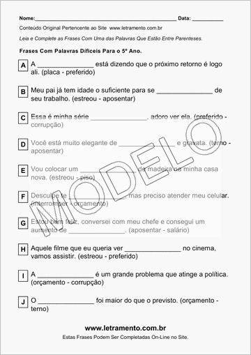 Atividade Para Imprimir Com Frases de Palavras Díficeis Para o 5º Ano